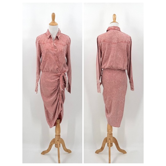 Young Fabulous & Broke Dresses & Skirts - YOUNG FABULOUS BROKE Midi Dress Women Small Pink Acid Wash Ruched Western Shirt